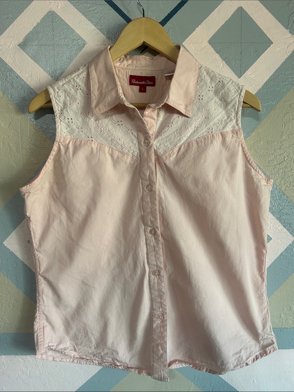 Vintage Panhandle Slim Sleeveless Button-Up Blush Lace Yoke Top